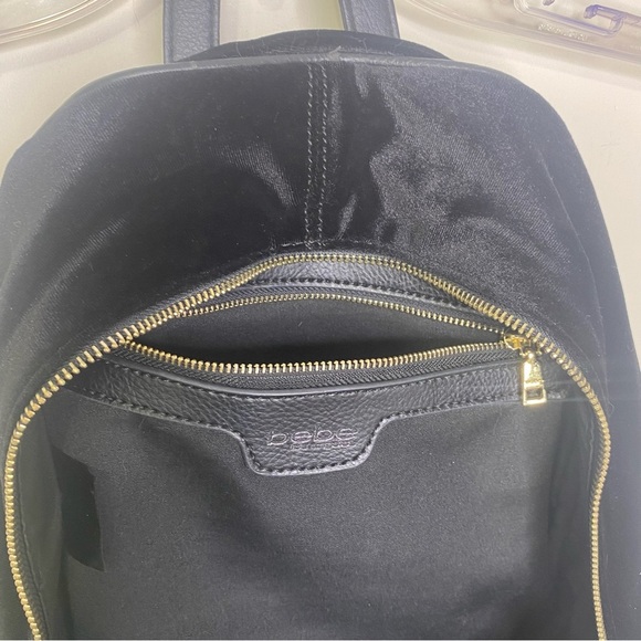 Bebe Women’s Black Gina Velvet Large Backpack Gold Tone Hardware Adjustable - Picture 7 of 16